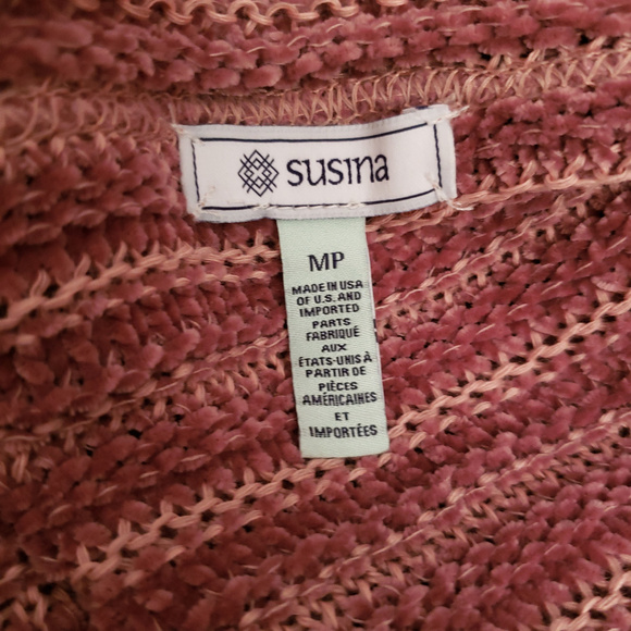 Susina Petite Medium Pink White Stripe Open Knit Shawl Collar Cardigan Sweater - Picture 5 of 5